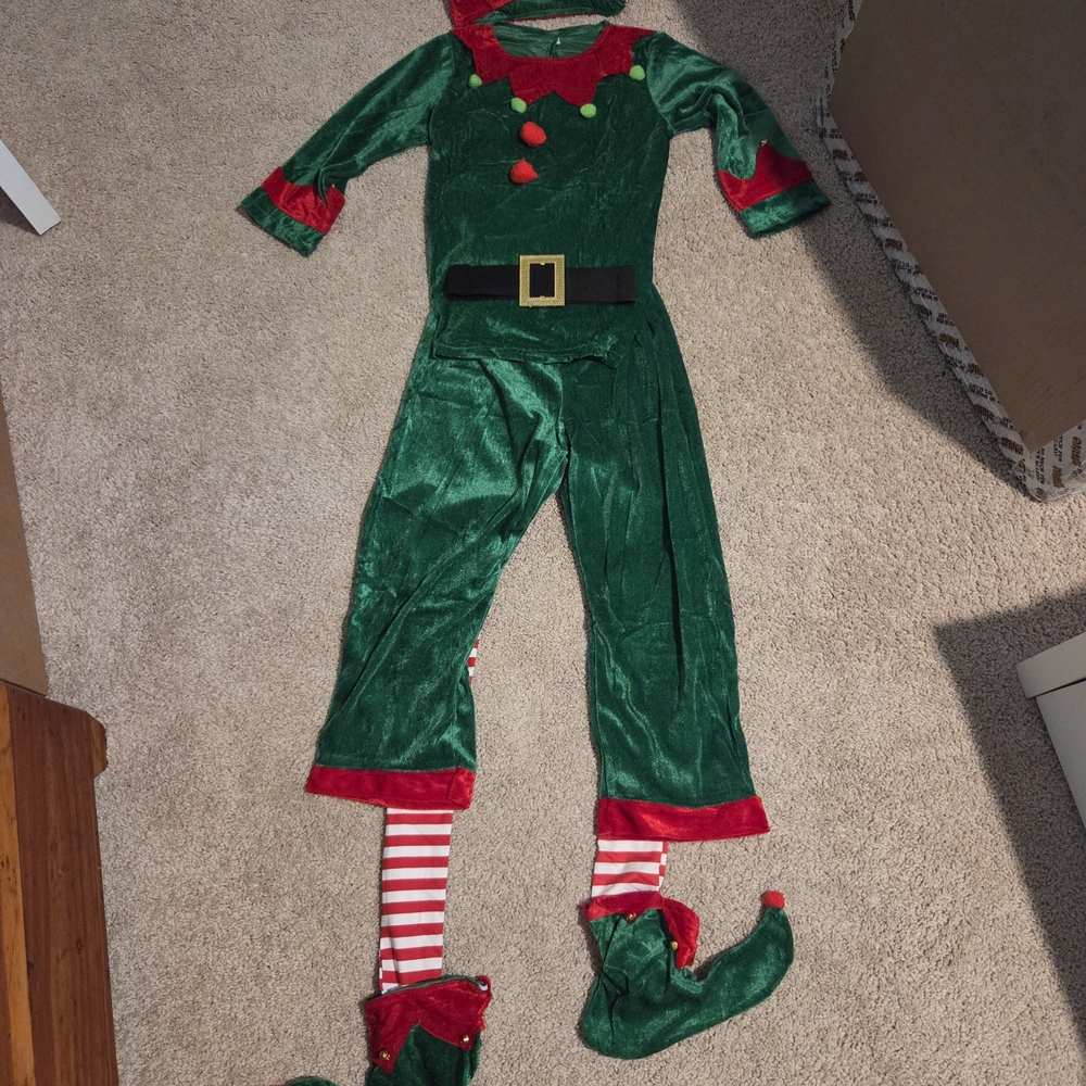 Kids Green and Red Elf Costume with Striped Leggings